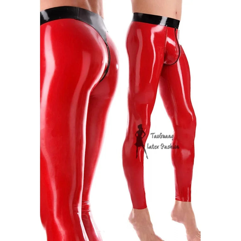 Male Leggings Trousers 100% Latex Pants Front Zip with Back Hole Red with Black Waist Band Unique Long Pants Club Wear Customize