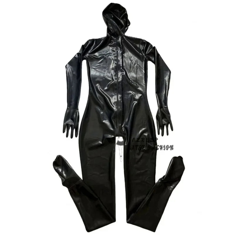 Black Latex Catsuit Rubber Coverall Zentai Bodysuit With Hood Gloves Socks Attached