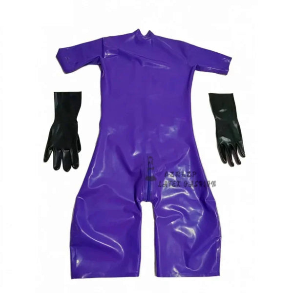 Purple Latex Bodysuit Women'S Short Sleeve Tights Latex Rubber Zentai Women Cosplay Costumes Finger Gloves Customized