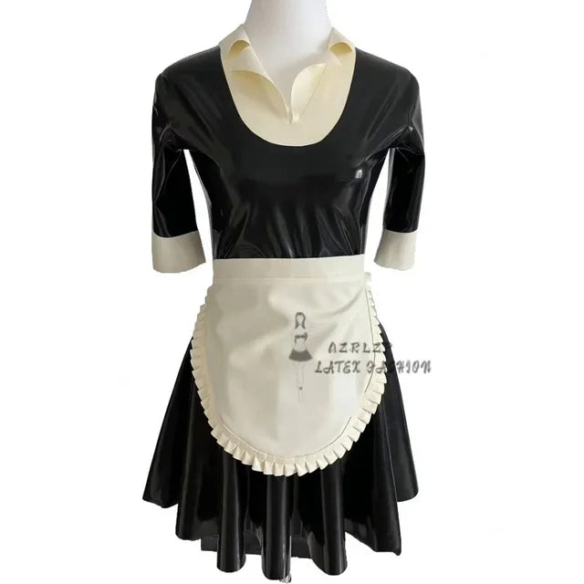 Black and White Sexy French Maid Latex Dress with Half Sleeves Apron Zipper at Back Rubber Uniform Bodycon Playsuit