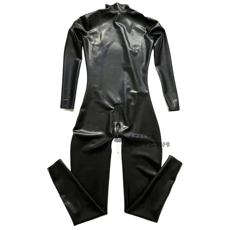 Natural Latex Male Shoulder-Zip Catsuit Doubleiagonal Zipper Rubber Bodysuits Cosplay