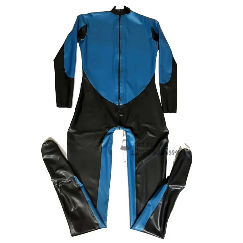 Metallic Blue And Black Fetish Latex Rubber Gummi 0.4mm Thickness Catsuit With Zip To Back Cosplay Costume Plus Size