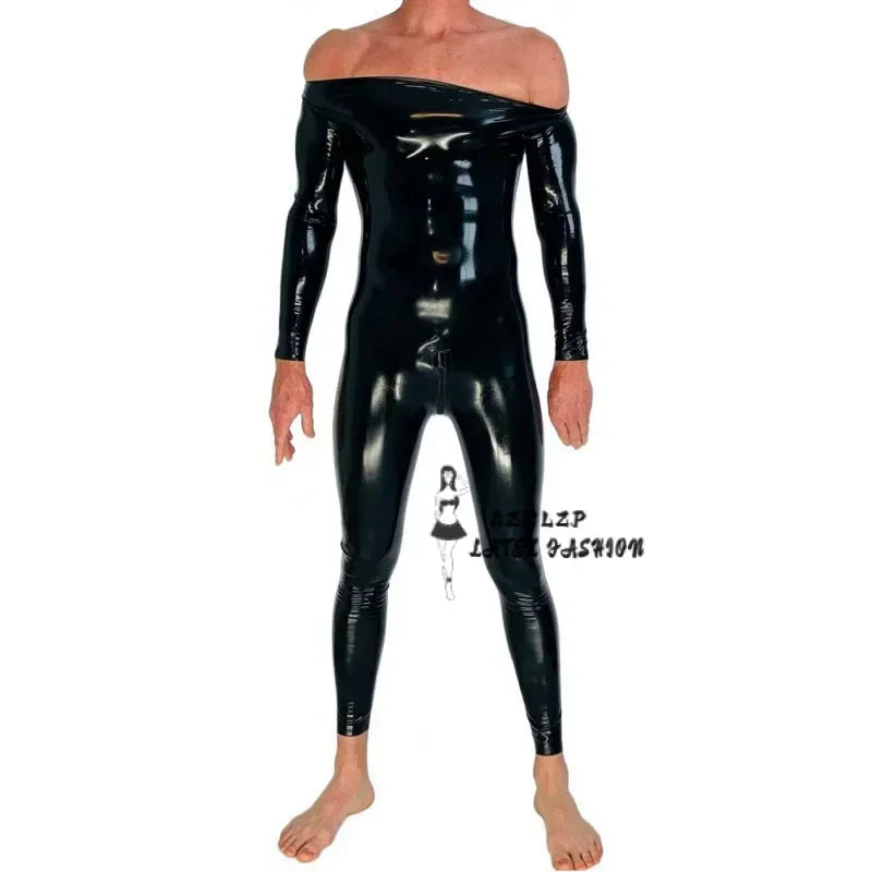 Handmade Black Men Full Body Latex Tight Jumpsuit Rubber Catsuit Clothing with Crotch Zip