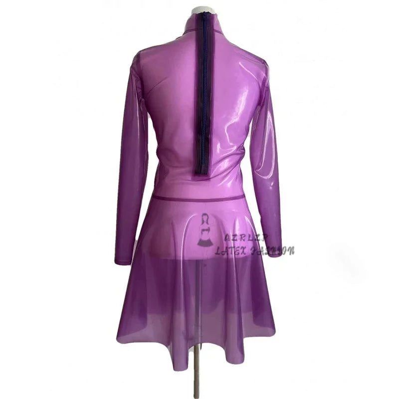 Transparent Purple Latex Dress Sexy Gummi Dresses Mini Skirts See-Through Long Sleeves Customized