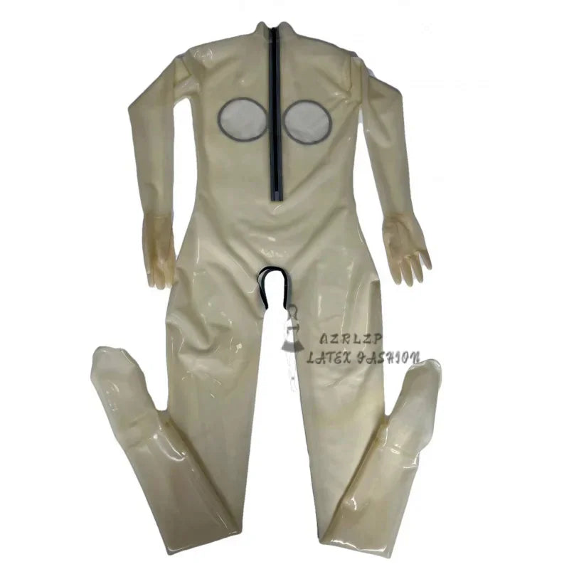 Woman Rubber Latex Catsuit With Breast Hole And Crotch Hole Attached Socks And Gloves Bodysuit