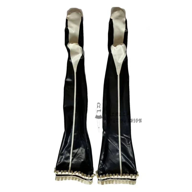 Black Sexy Long Latex Thigh High Stockings Rubber Stocking Ruffles Trims