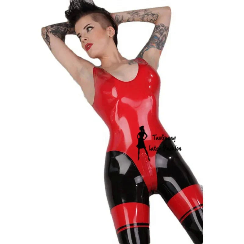 Women Red and Black Sexy Sleeveless Low-Cut Women's Latex Catsuit with Crotch Zipper Plus Size