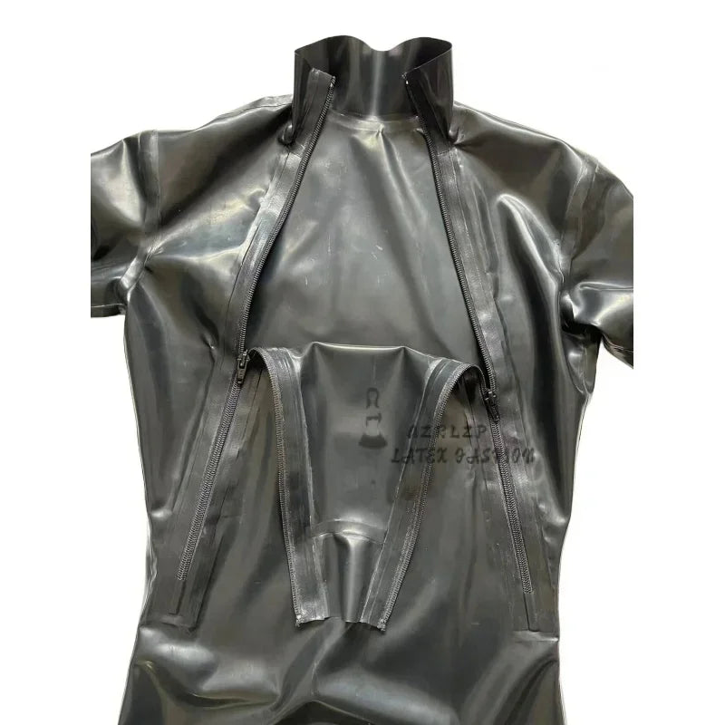 Natural Latex Male Shoulder-Zip Catsuit Doubleiagonal Zipper Rubber Bodysuits Cosplay