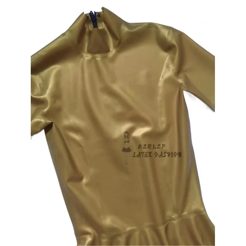 Sexy Gold Latex Dress Back Zipper Short Sleeves Rubber Uniform Bodycon Playsuit