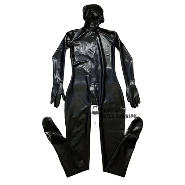 Black Latex Catsuit Rubber Coverall Zentai Bodysuit With Hood Gloves Socks Attached