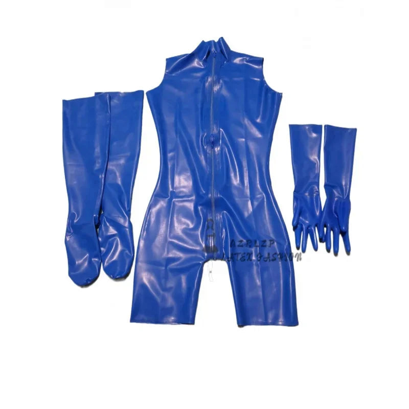 latex Catsuit rubber Sexy Jumpsuit Women Skinny Sleeveless Bodysuit With long gloves and socks