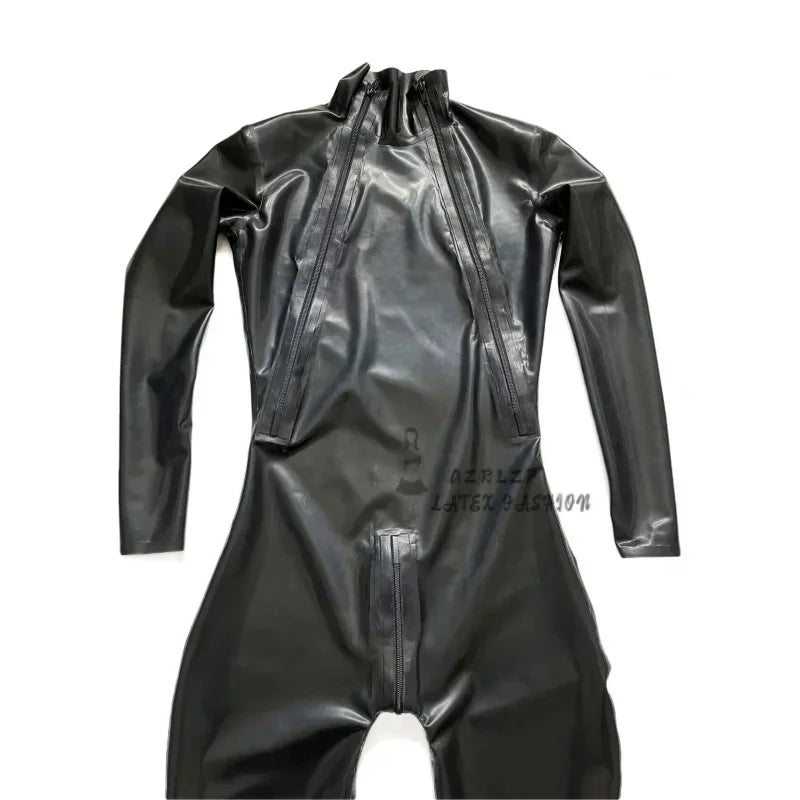 Natural Latex Male Shoulder-Zip Catsuit Doubleiagonal Zipper Rubber Bodysuits Cosplay