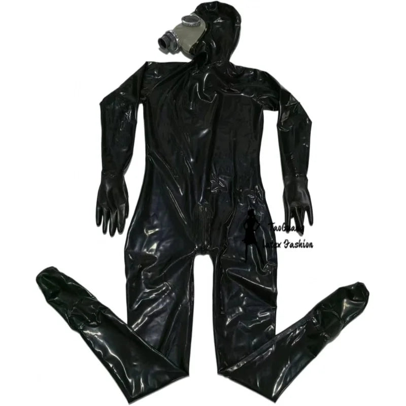 Black Full Cover Latex Catsuit Fetish Bodysuits Attach Gas Mask with  Zipper