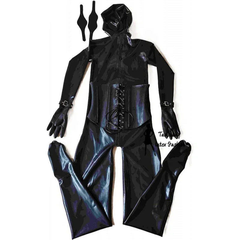 Sexy Black Latex Fetish Catsuit Full Bodysuit 3D Breast Corset Hood with Eyes Patch