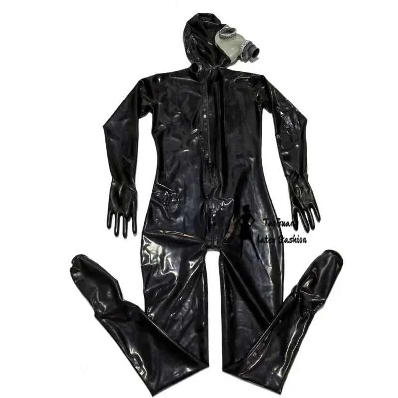 Black Full Cover Latex Catsuit Fetish Bodysuits Attach Gas Mask with  Zipper