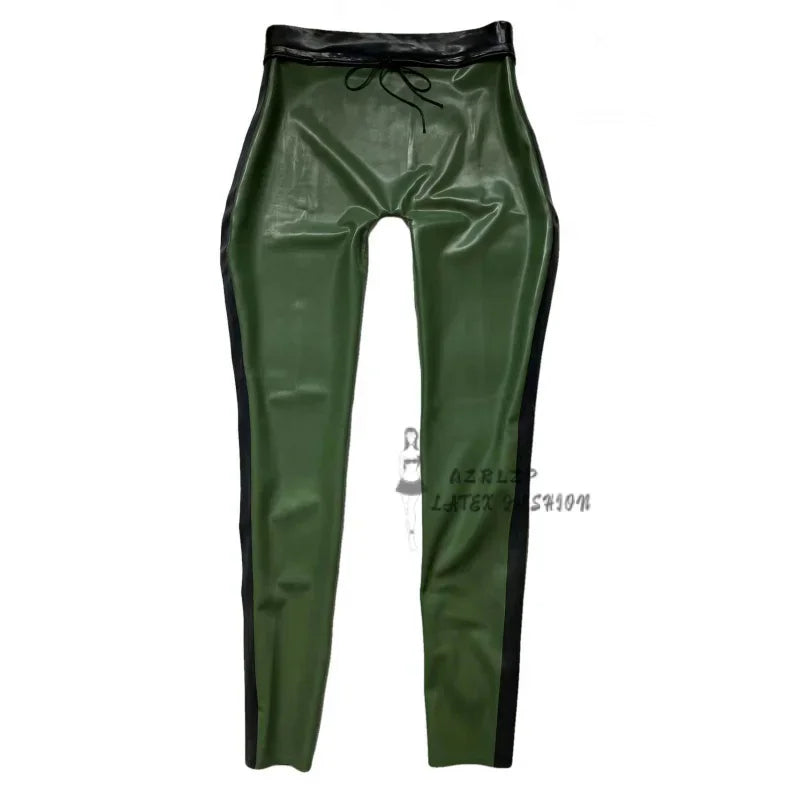 Green And Black Trims Sexy Latex Leggings With Stripes Lacing At Front Long Rubber Pants Trousers Bottoms