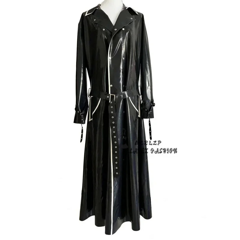 Latex Coat Rubber Unisex Black Cool Windbreaker Jacket With Belt Over The Knee Longer Outerwear Trench