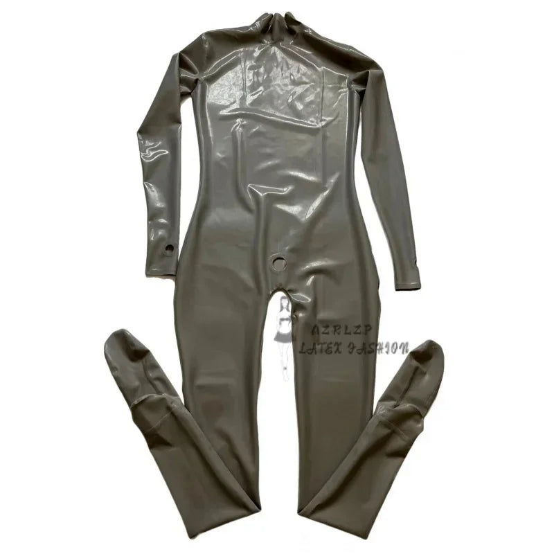 Men Latex Catsuit Jumpsuit No Zip Neck Entry Fetish Rubber Bodysuit With Small Hole At Front Cosplay