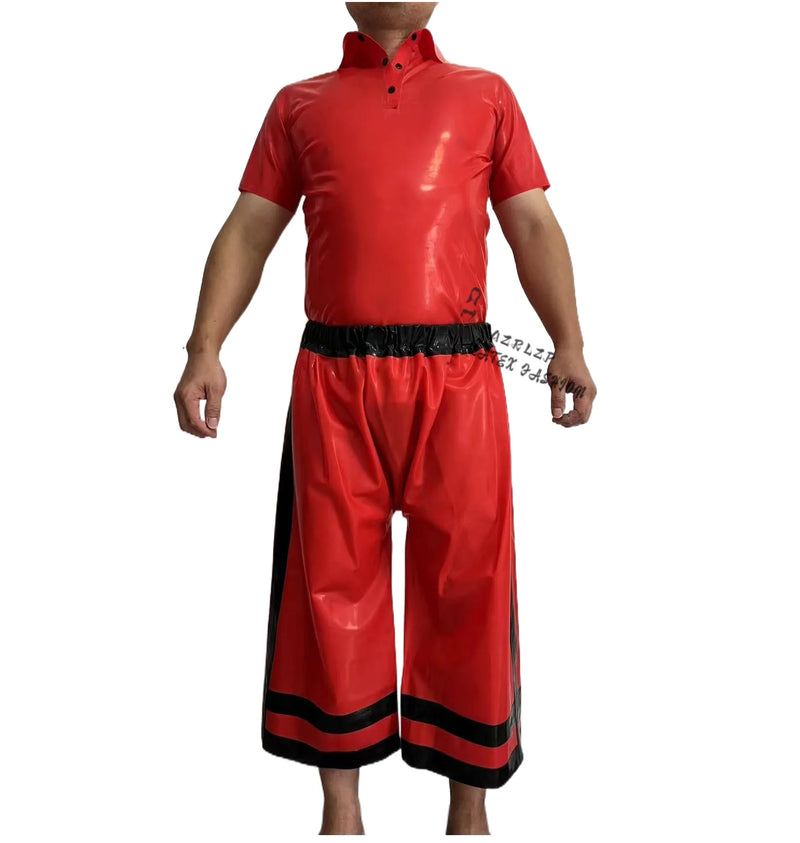 Latex Uniform Men Black Red Short Slevees Top and Medium Long Shorts Suit 0.4mm