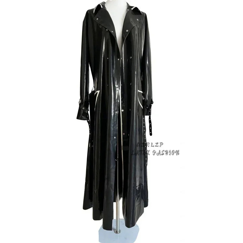 Latex Coat Rubber Unisex Black Cool Windbreaker Jacket With Belt Over The Knee Longer Outerwear Trench