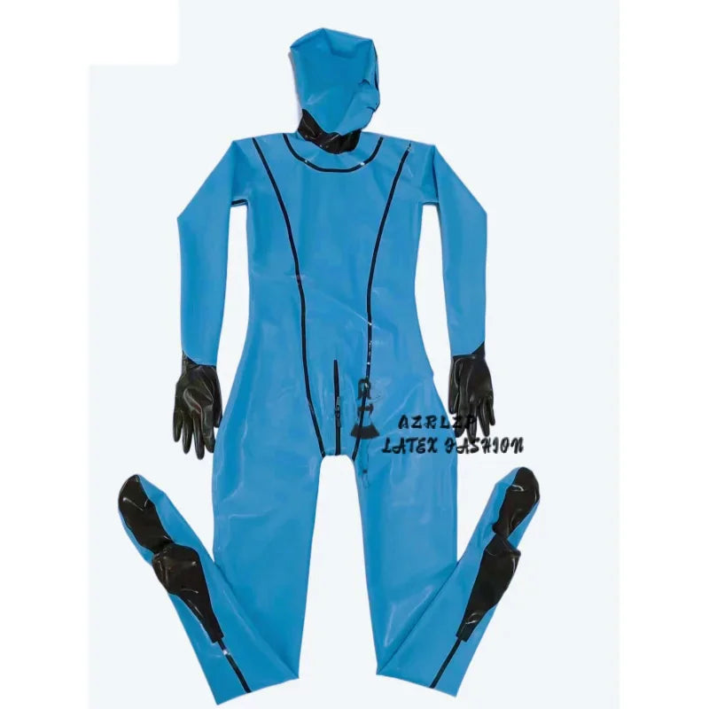 Sexy Latex Suit Rubber Full-Body Catsuit Suit Light Blue Hood Catsuit Female Zentai