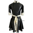 Black and White Sexy French Maid Latex Dress with Half Sleeves Apron Zipper at Back Rubber Uniform Bodycon Playsuit
