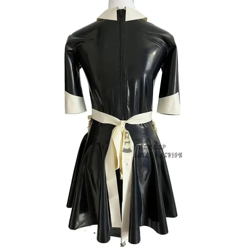 Black and White Sexy French Maid Latex Dress with Half Sleeves Apron Zipper at Back Rubber Uniform Bodycon Playsuit