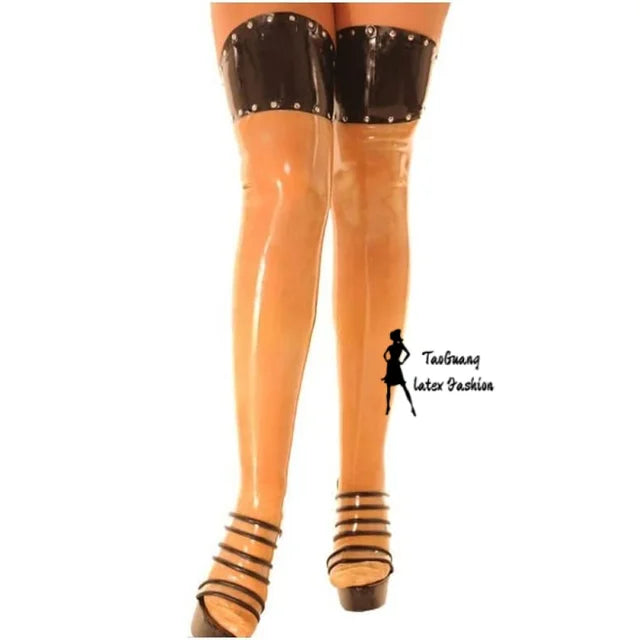 Transparent and Black Sexy Long Latex Stockings with Zipper at Back Rivets Decoration Rubber Thigh High Stockings