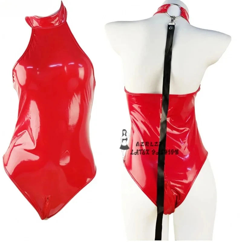 Sexy Rubber Halter Backless Sleeveless Zipper Open Crotch Bodysuit Latex Catsuit Pole Dance Night Clubwear Tights Body