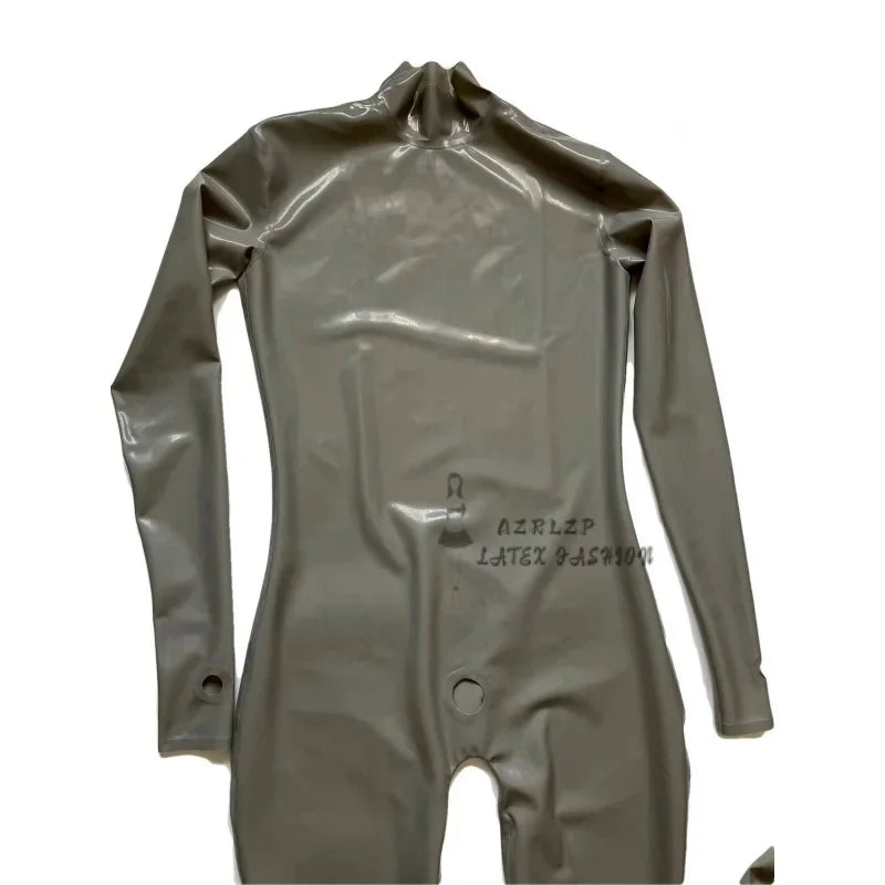 Men Latex Catsuit Jumpsuit No Zip Neck Entry Fetish Rubber Bodysuit With Small Hole At Front Cosplay