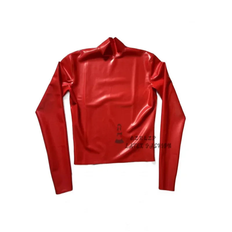 Red Latex Men Long Sleeves T-Shirt Soft Clothes Male Fetish Costume Classic Handmade Tops Rubber Shirt