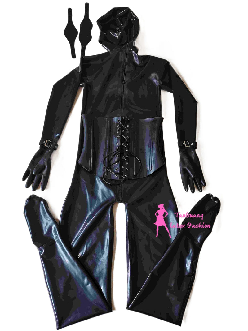 Sexy Black Latex Fetish Catsuit Full Bodysuit 3d Breast Corset Hood with Eyes Patch