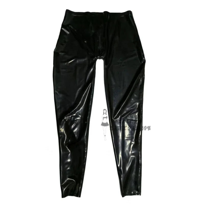 Men Rubber Trousers Bottoms Latex Leggings Pants Crotch Zipper