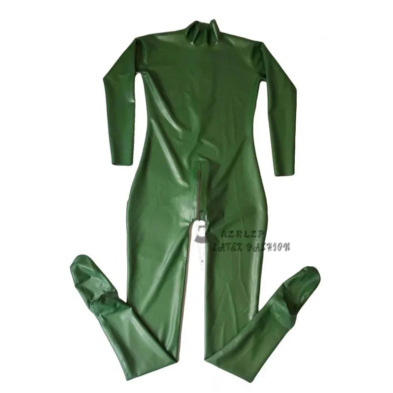 Sexy Metallic Green Latex Men Women Catsuit Rubber Bodysuit With Back Crotch Zipper Handmade