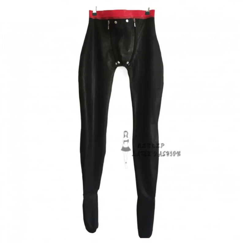 Men Latex Rubber Pants Trousers With Socks Crotch Inside Hide Openning