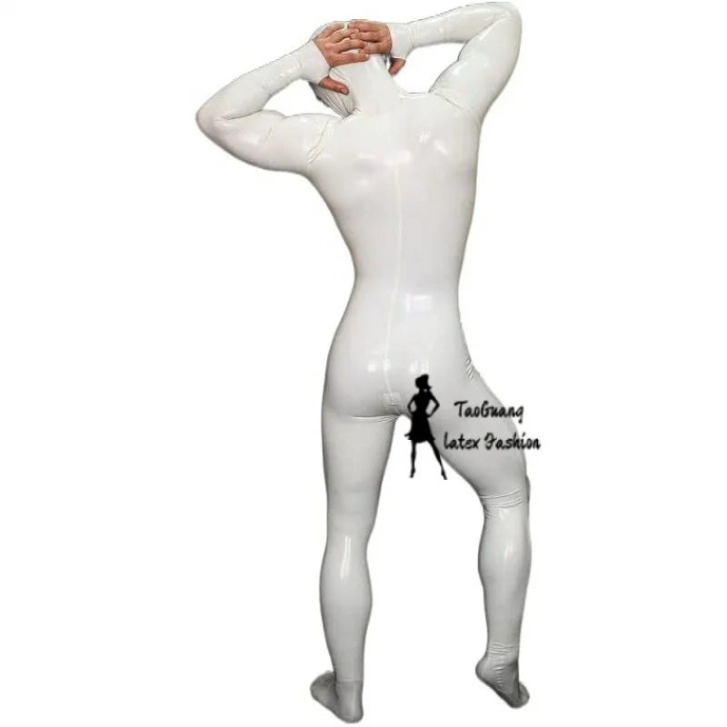 Handmade Men's White Full Body Latex Catsuit Bondage Rubber Bodysuit Hood with Back Crotch Zip