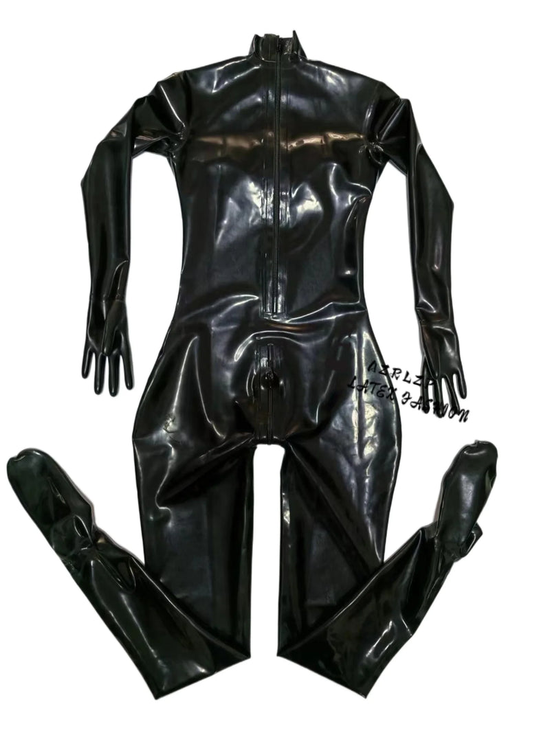 Sexy Black Latex Fetish Full Body Catsuit Hood Corset 3D Fake Silicone Breast Pocket E F G Cup（Shoes not Included）