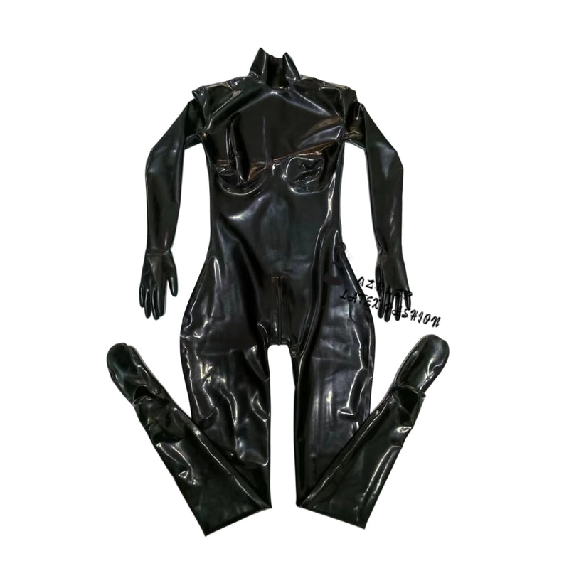 Sexy Black Latex Fetish Full Body Catsuit Hood Corset 3D Fake Silicone Breast Pocket E F G Cup（Shoes not Included）