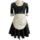 Black and White Sexy French Maid Latex Dress with Half Sleeves Apron Zipper at Back Rubber Uniform Bodycon Playsuit