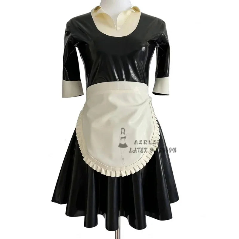 Black and White Sexy French Maid Latex Dress with Half Sleeves Apron Zipper at Back Rubber Uniform Bodycon Playsuit