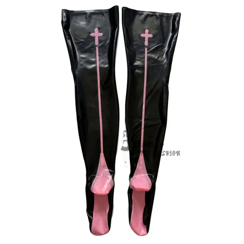 Sexy Long Latex Stockings with Cross and Stripes at Back Heel Rubber Thigh High Stockings