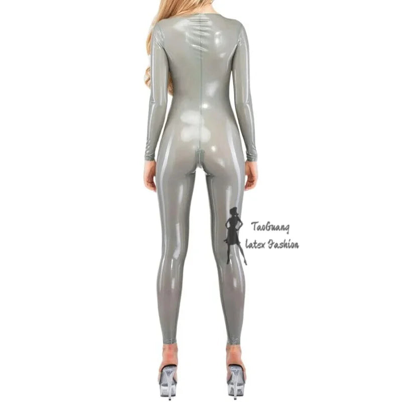 Silver Neck Entry Latex Catsuit Rubber Cosplay Bodysuit with Crotch Zipper