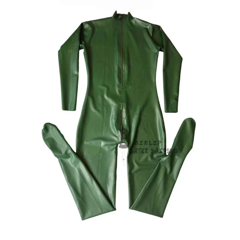 Sexy Metallic Green Latex Men Women Catsuit Rubber Bodysuit With Back Crotch Zipper Handmade