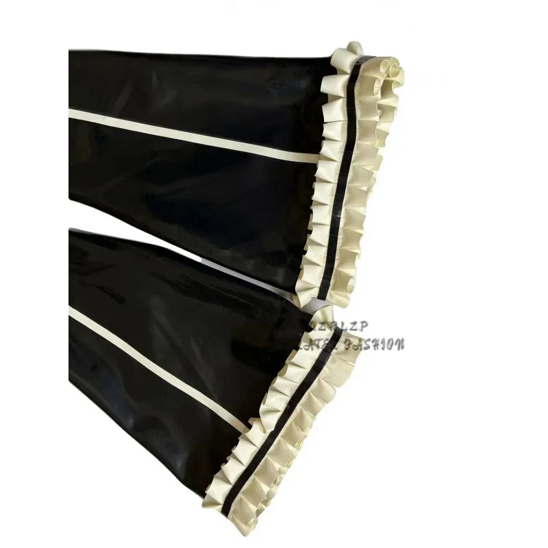 Black Sexy Long Latex Thigh High Stockings Rubber Stocking Ruffles Trims