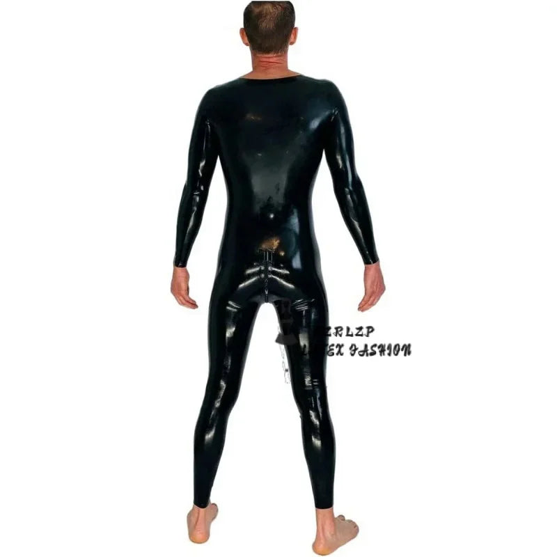 Handmade Black Men Full Body Latex Tight Jumpsuit Rubber Catsuit Clothing with Crotch Zip