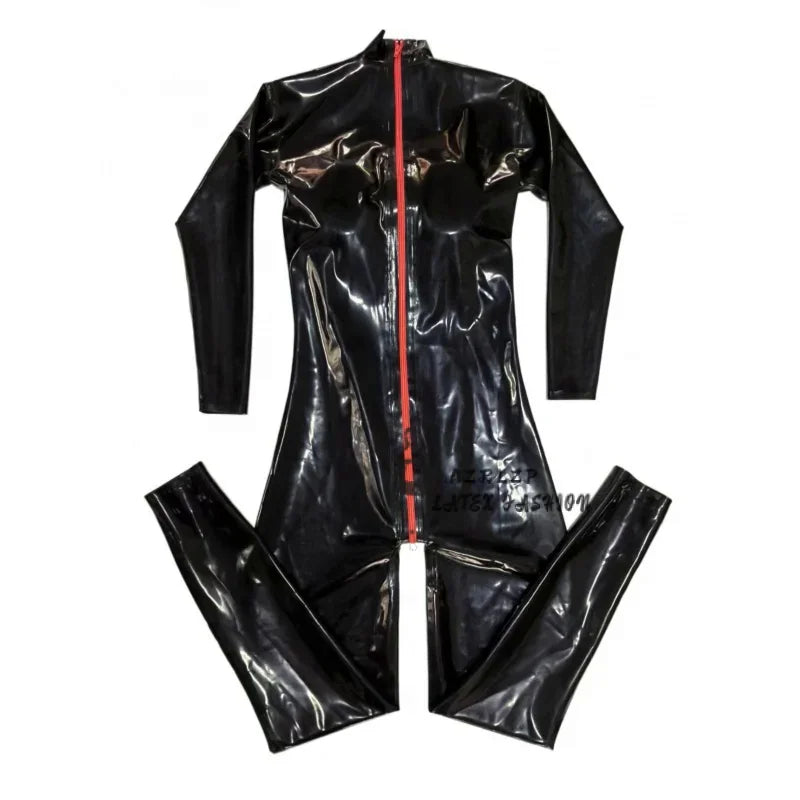 Men's Latex Black Jumpsuit Back Zipper Handmade Rubber Jumpsuit with 3D Silicone Breasts