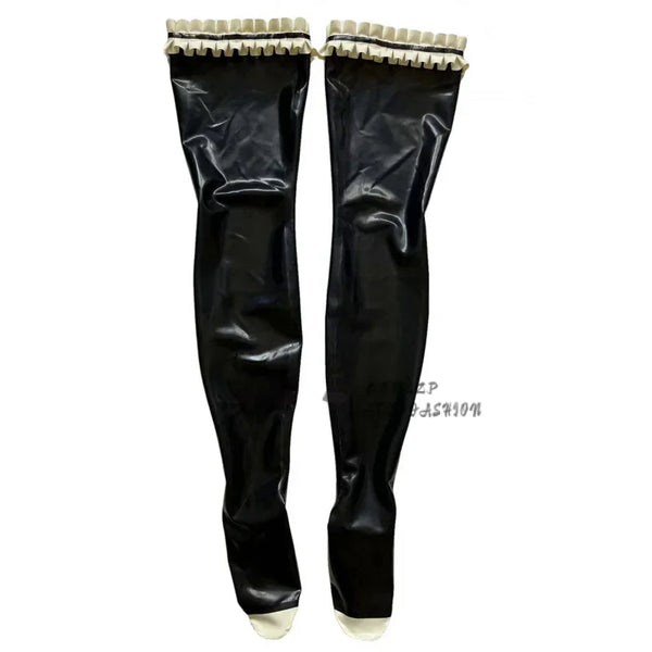 Black Sexy Long Latex Thigh High Stockings Rubber Stocking Ruffles Trims