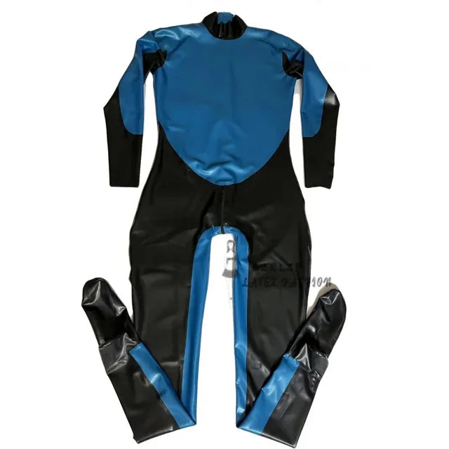 Metallic Blue And Black Fetish Latex Rubber Gummi 0.4mm Thickness Catsuit With Zip To Back Cosplay Costume Plus Size