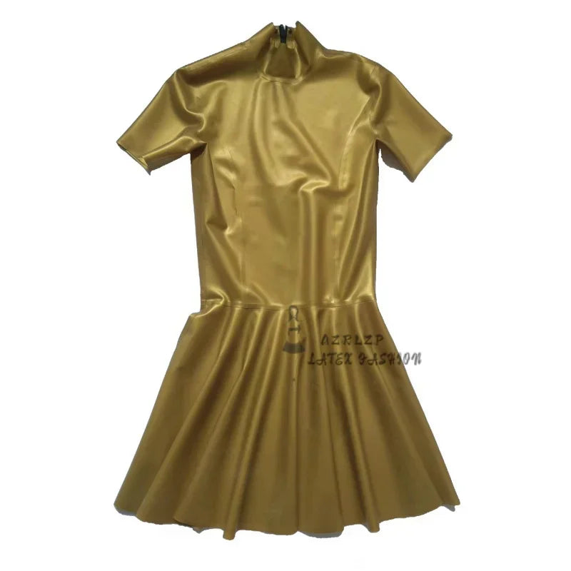 Sexy Gold Latex Dress Back Zipper Short Sleeves Rubber Uniform Bodycon Playsuit