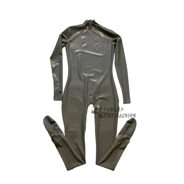 Men Latex Catsuit Jumpsuit No Zip Neck Entry Fetish Rubber Bodysuit With Small Hole At Front Cosplay